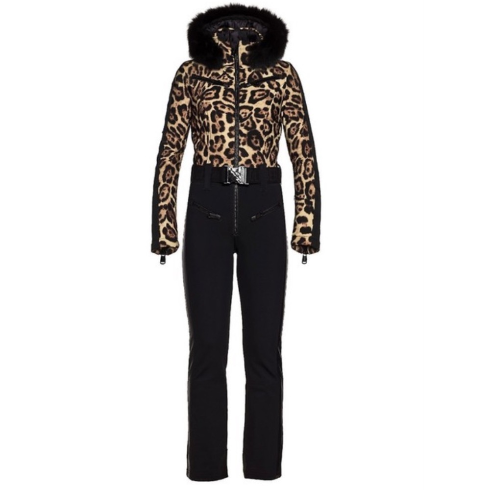 NWT Goldbergh lynx leopard print fur trim down hooded ski suit - Picture 5 of 14